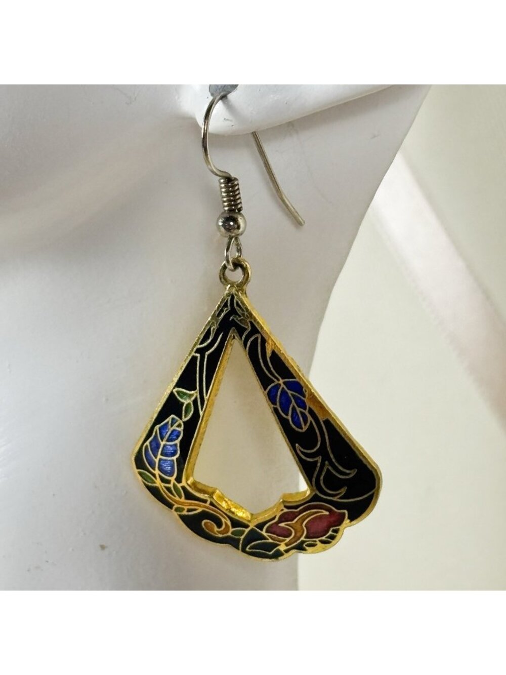 VTG Floral Scalloped Triangle Cloisonne Pierced Earrings Jewelry Unique C49